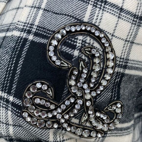 Polo Ralph Lauren Black & White Flannel Embellished Crest Button Up Blouse - Picture 2 of 16